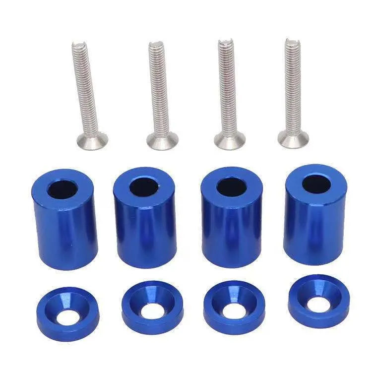 Aluminium machine cover height spacer kit in red, blue, and black with screws, nuts, and washers.