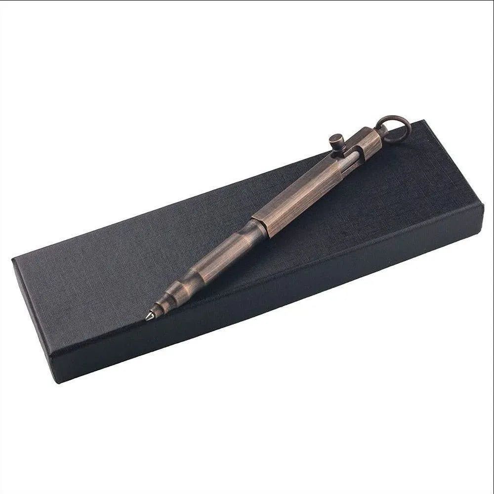 Brass tactical pen with hexagonal bolt design in natural brass colour or retro black finish
