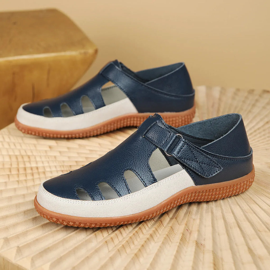 Women's plus size flat heel sandals with hollow-out toe cap in blue colour