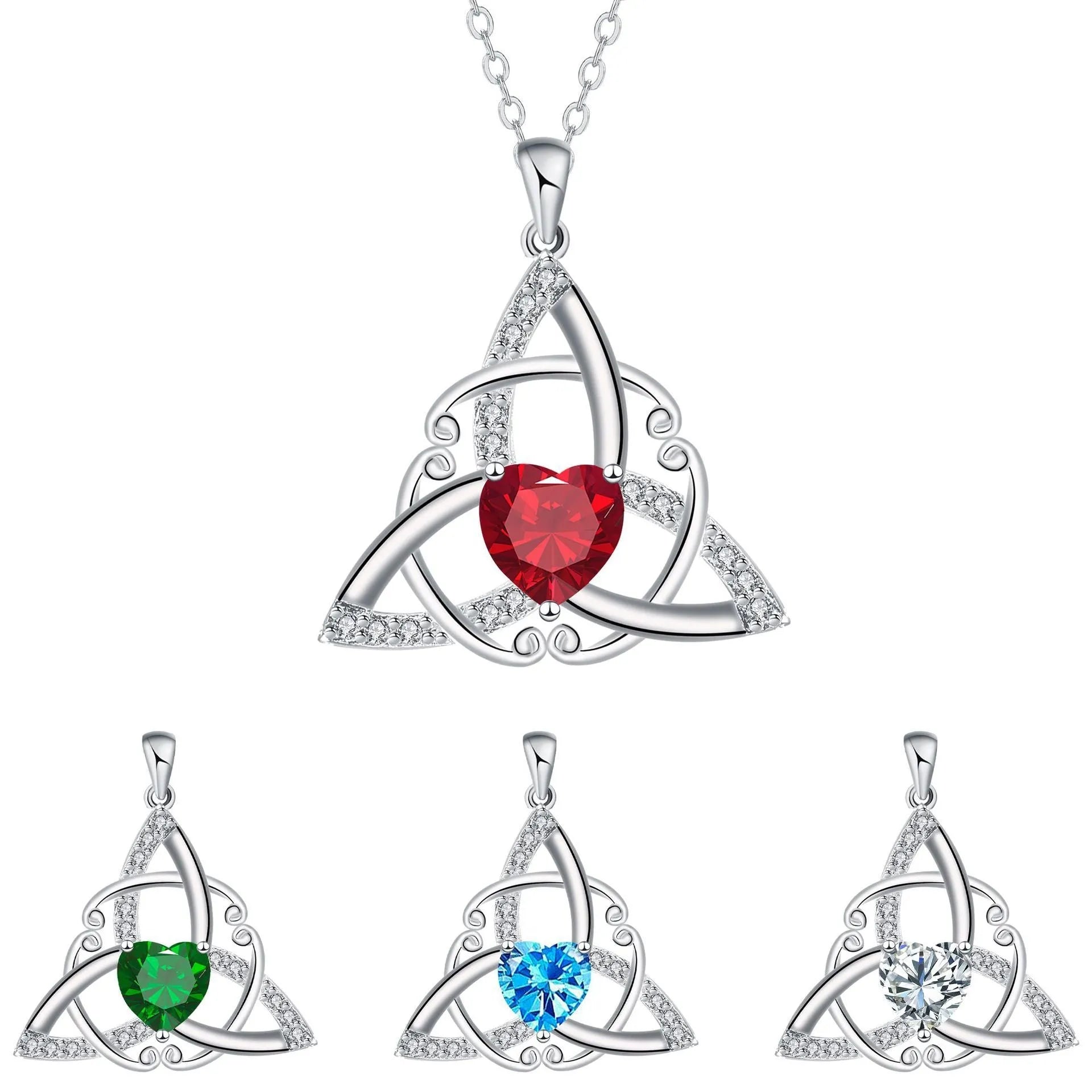 Women's geometric Celtic knot pendant necklace in electroplated copper, showing blue colour option.