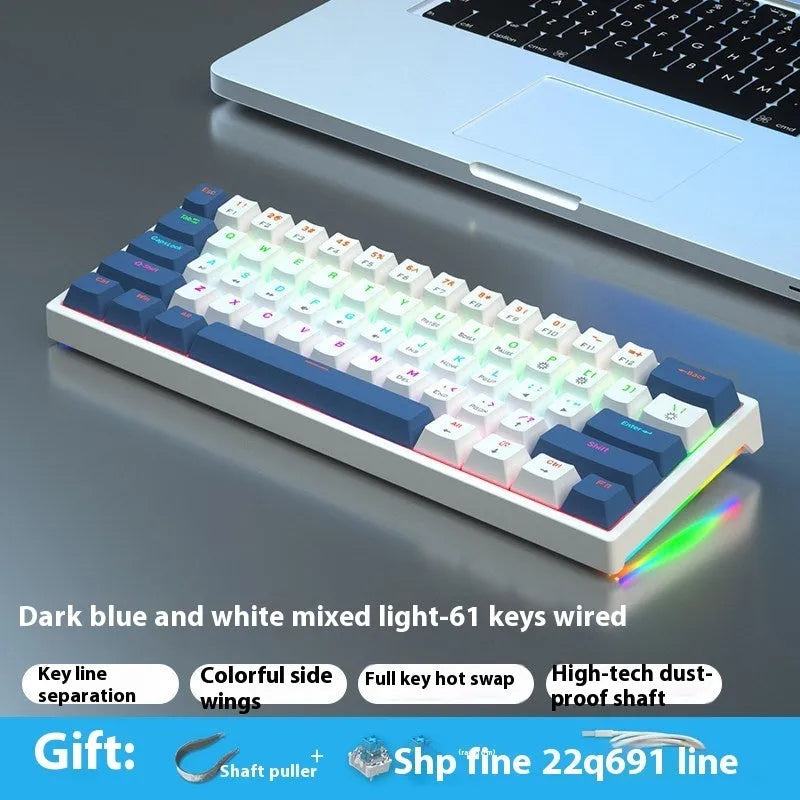 Bluish-black 61-key mechanical keyboard with hot-swappable switches on a desk