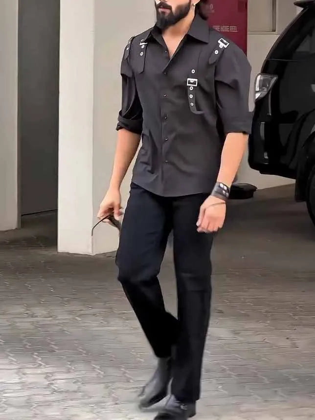 Men's black utility-style button-up long sleeve polyester shirt on a hanger.