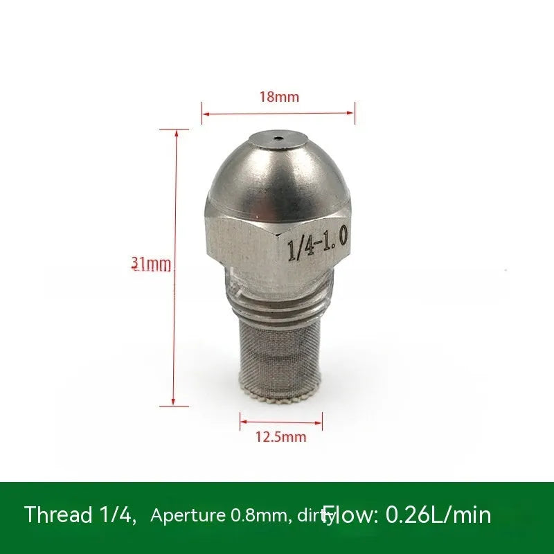 304 stainless steel two-point spray nozzle with 1/4 inch thread and selectable aperture sizes for atomisation.