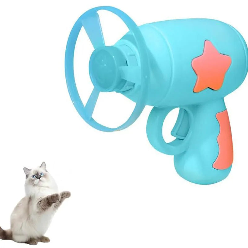 Blue or pink plastic cat toy gun launcher with spinning Frisbee for indoor cat play.