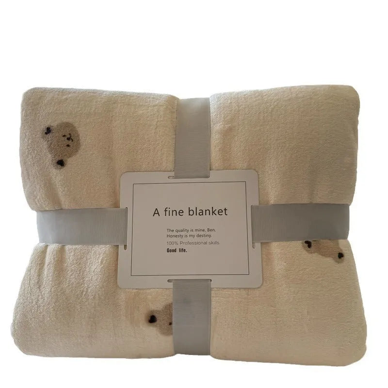 Class A milk velvet blanket in light coffee bear colour, double-sided brushed finish, cartoon anime pattern, size 150x200cm