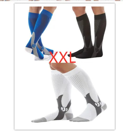 Graduated athletic compression socks for men and women in various colours and sizes.