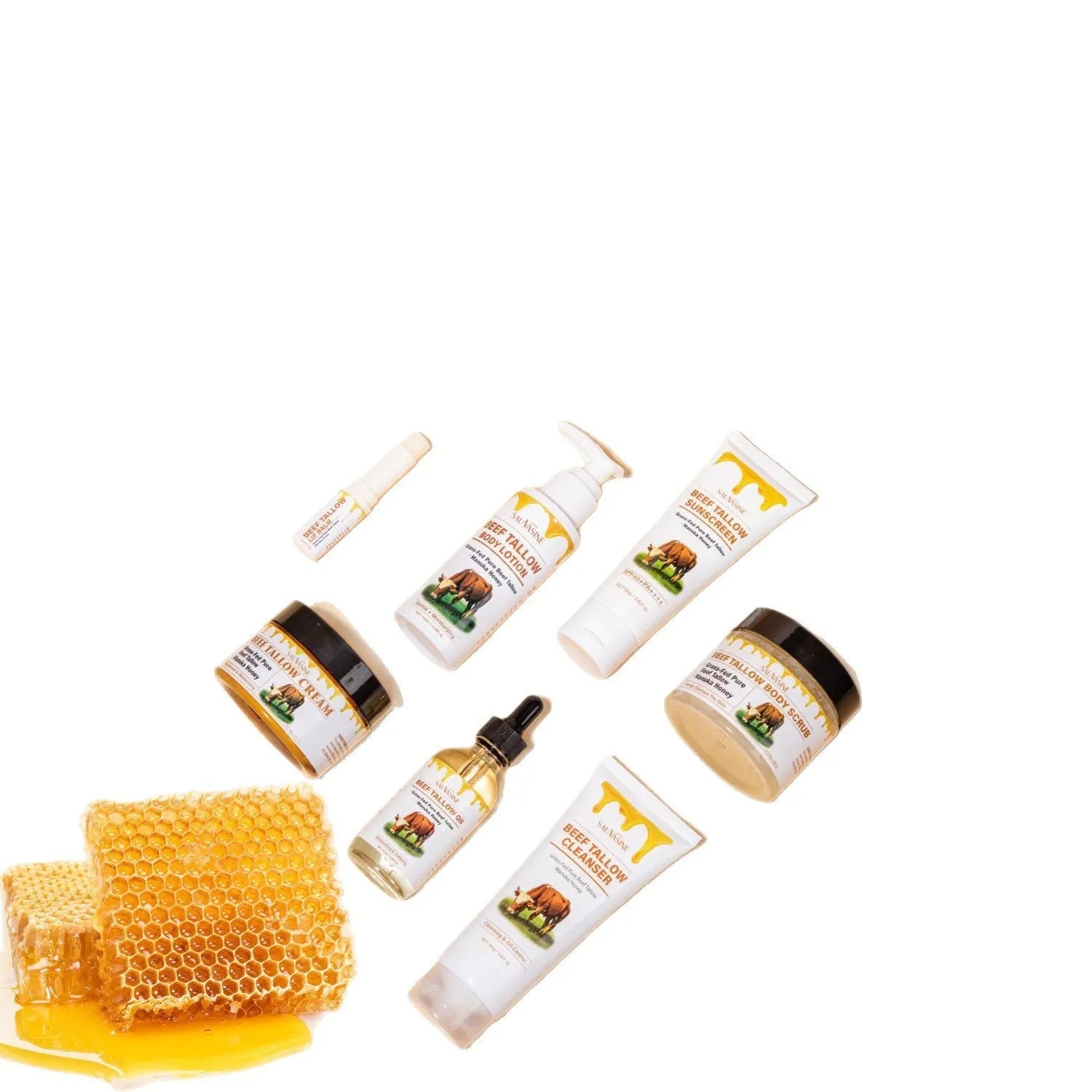 Seven-piece skincare set showing butter honey cleanser, face cream, lip balm, protective cream, body lotion, facial scrub, and beef tallow soap.