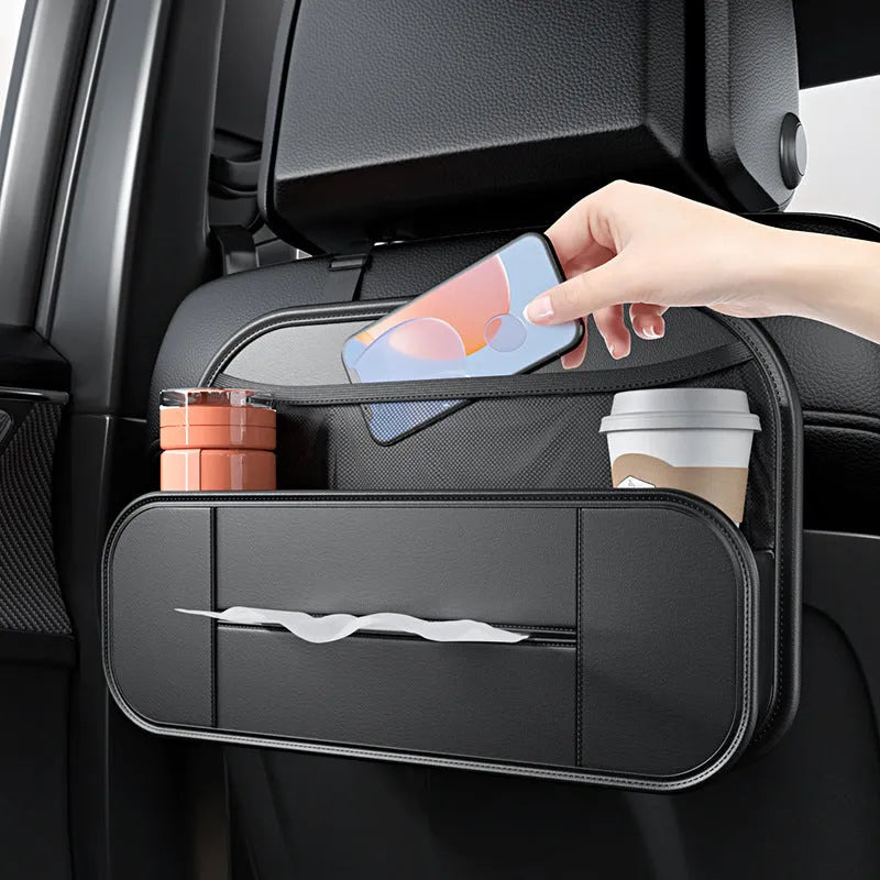 Black leather car seat rear storage bag showing 36cm width measurement