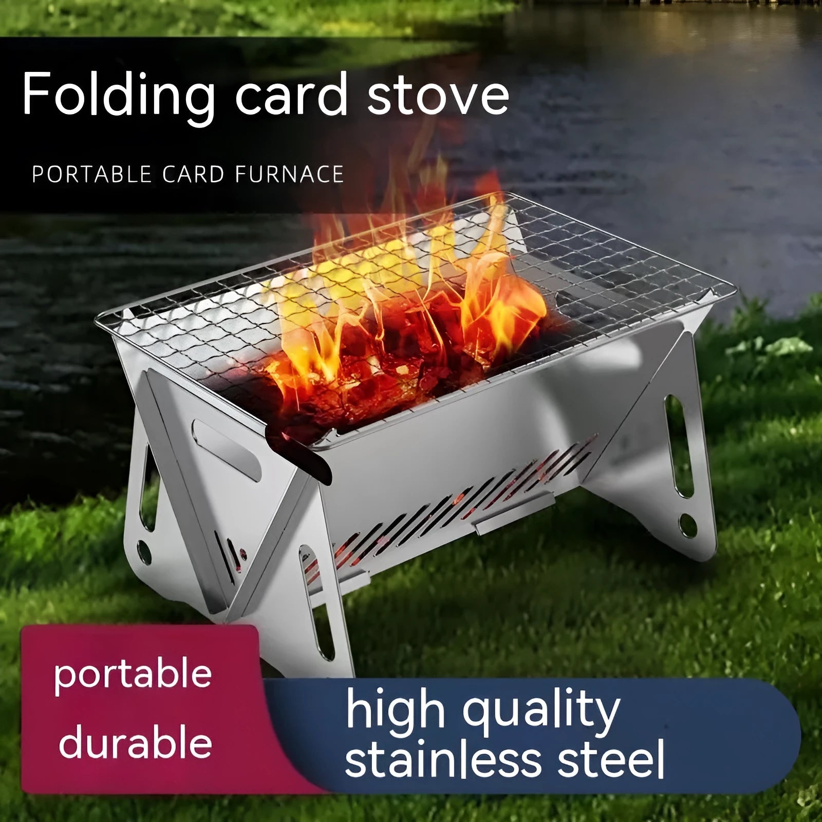 Stainless steel folding barbecue oven with charcoal grill and storage bag for outdoor cooking
