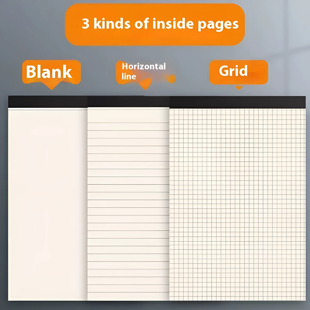 Set of A5, B5, and A4 writing pads showing blank, grid, and horizontal line page styles.