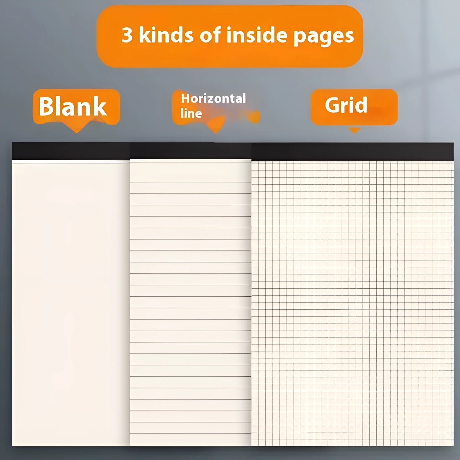 Set of A5, B5, and A4 writing pads showing blank, grid, and horizontal line page styles.
