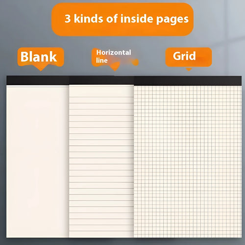 Set of A5, B5, and A4 writing pads showing blank, grid, and horizontal line page styles.