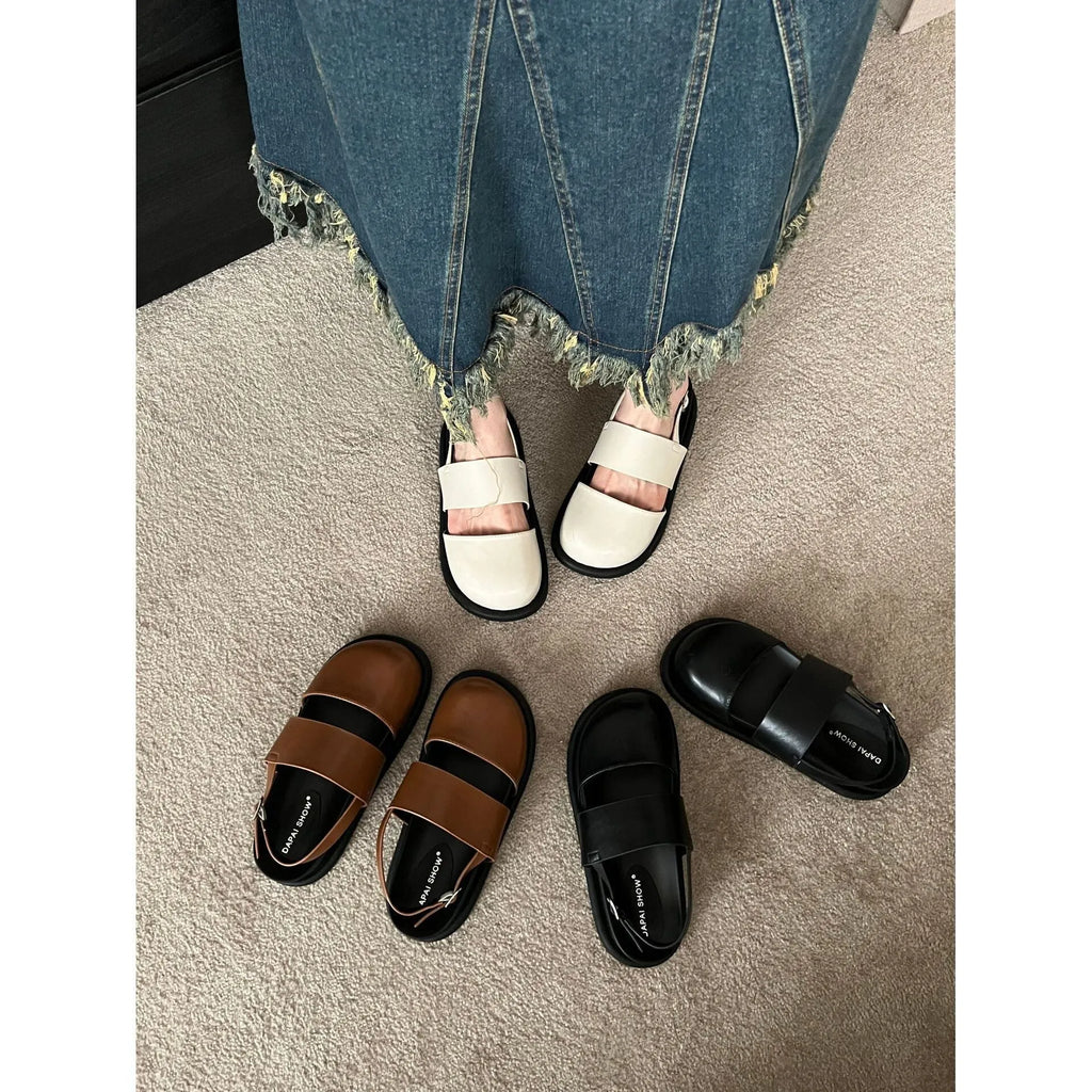 Korean retro sandals with closed toe design and adjustable ankle strap buckle