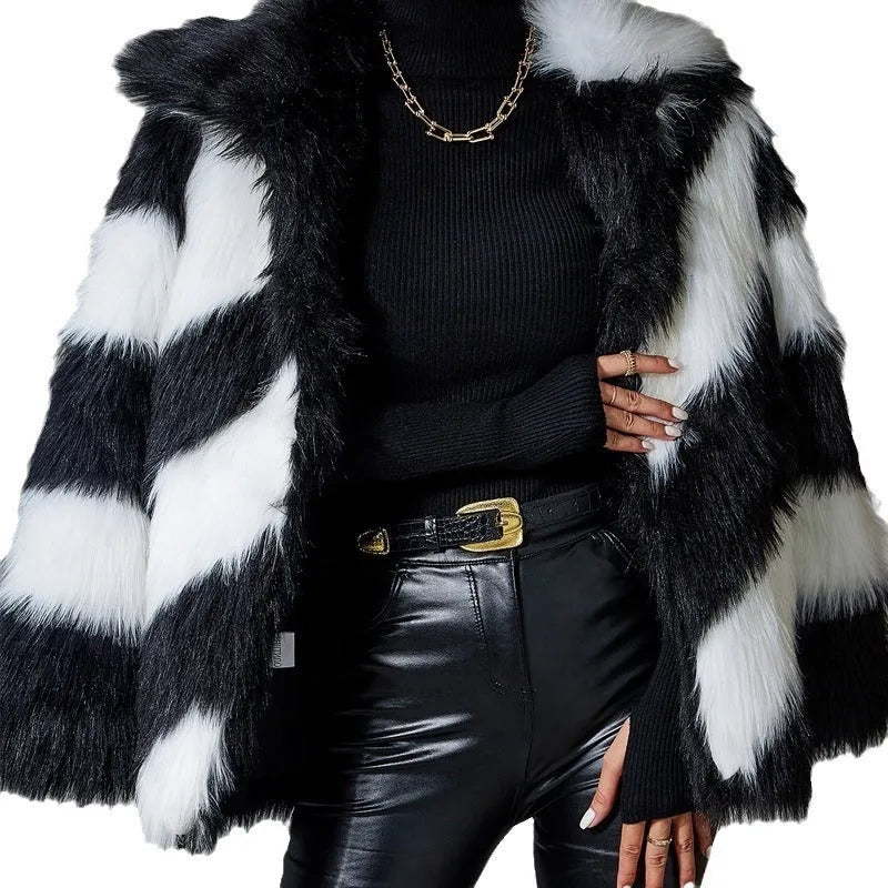 Women's faux fur coat with contrast colour lapels and removable fur collar in mid-length design