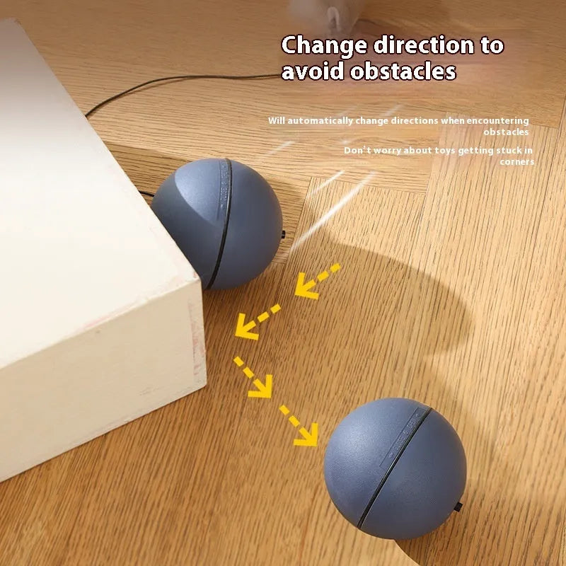 Automatic cat teasing ball with plush mouse attachment in blue orange and dark grey colour options