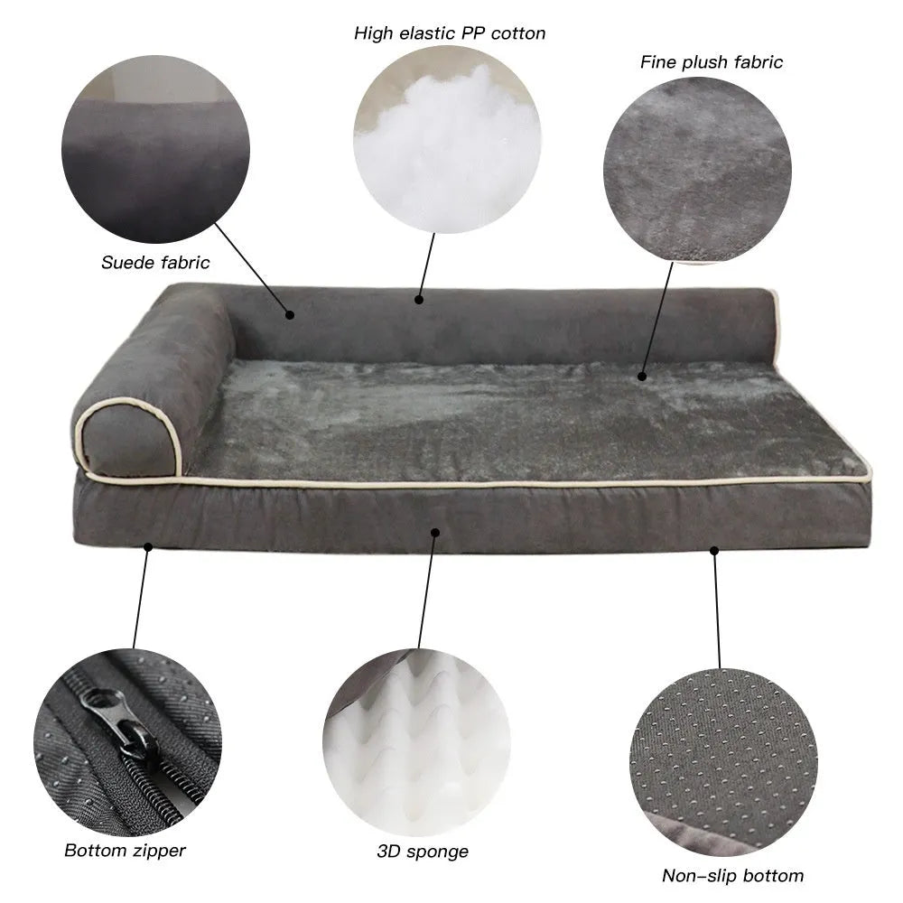 Solid colour cloth pet bed for dogs in khaki, shown on a floor with a size label