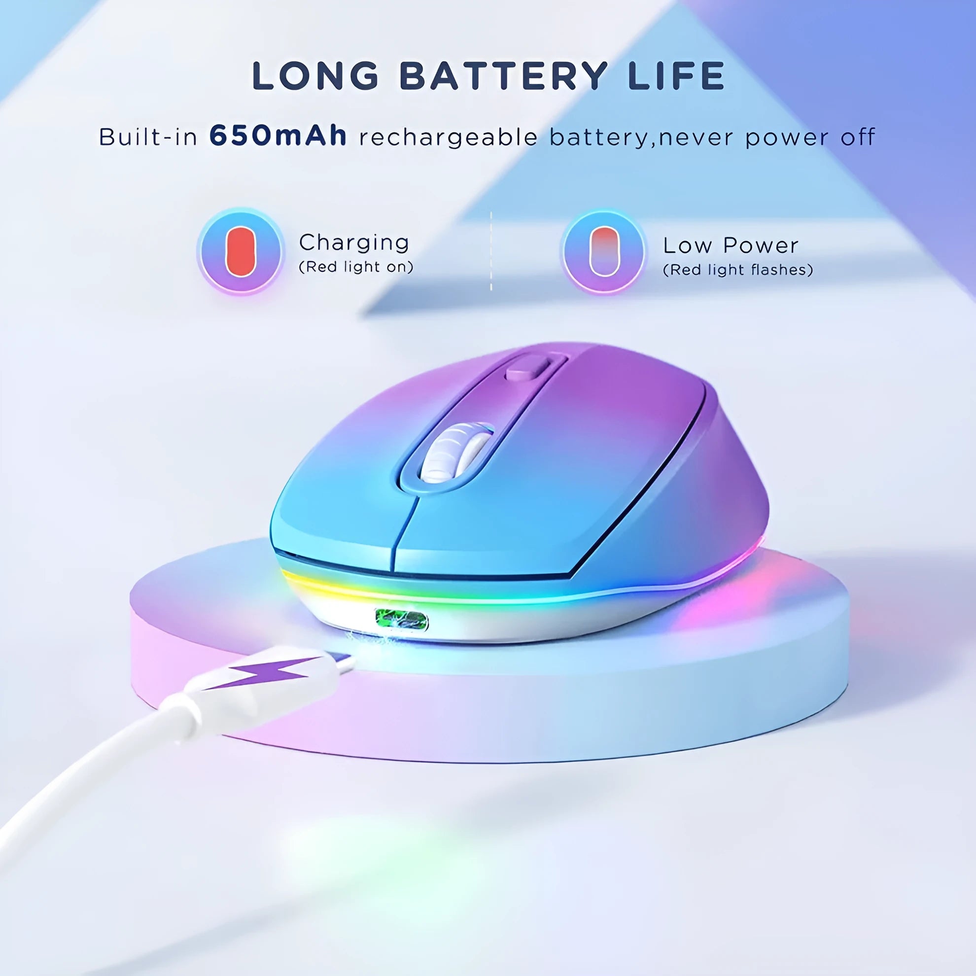 24g lightweight wireless mouse for laptops in various colours, shown with USB charging cable.