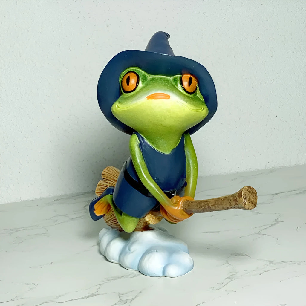 Magic Yoga Frog home ornament in RDW123 colour on a wooden shelf.