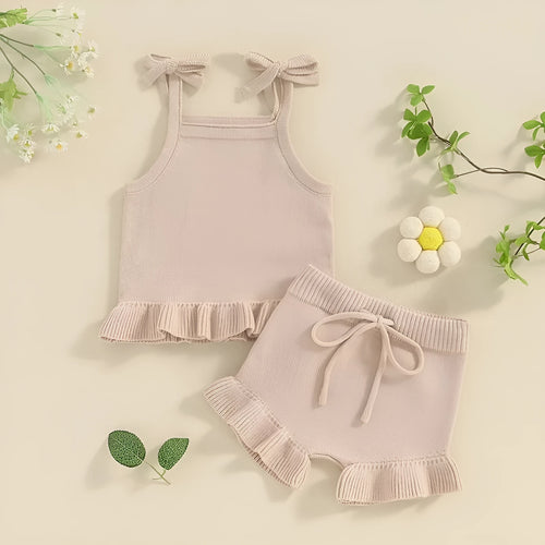 Baby girl knitted corduroy shorts clothing suit in khaki with top and pants set for casual wear