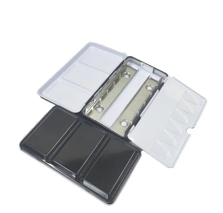 Solid square tinplate watercolour paint box with a three-fold empty interior.