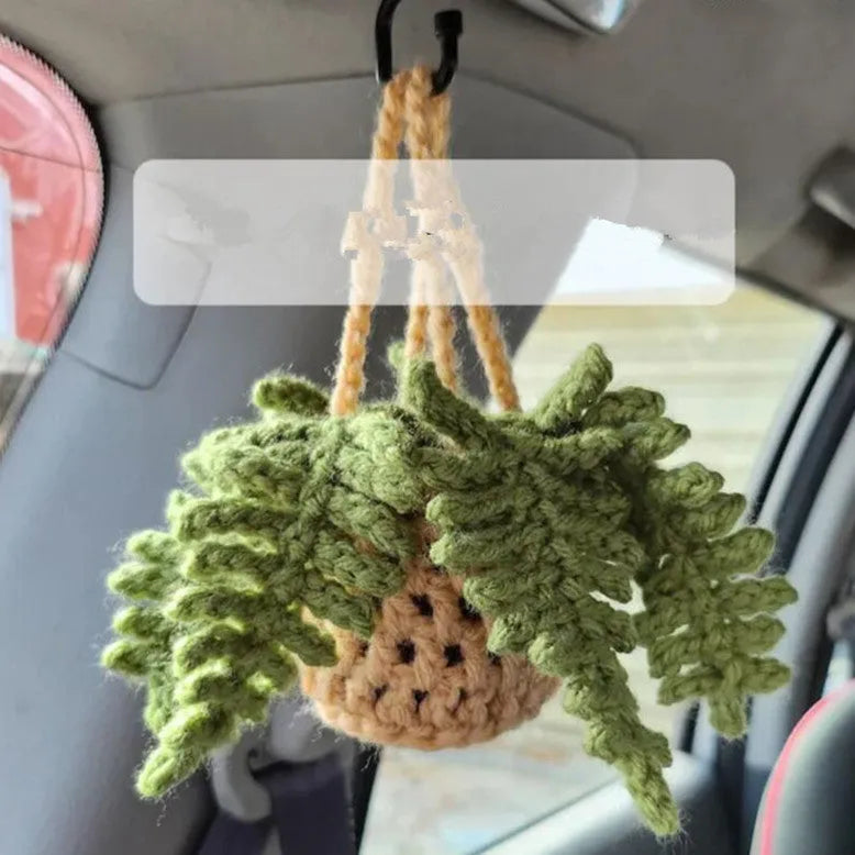 Green and white knitted wool car plant decoration hanging from a rope.
