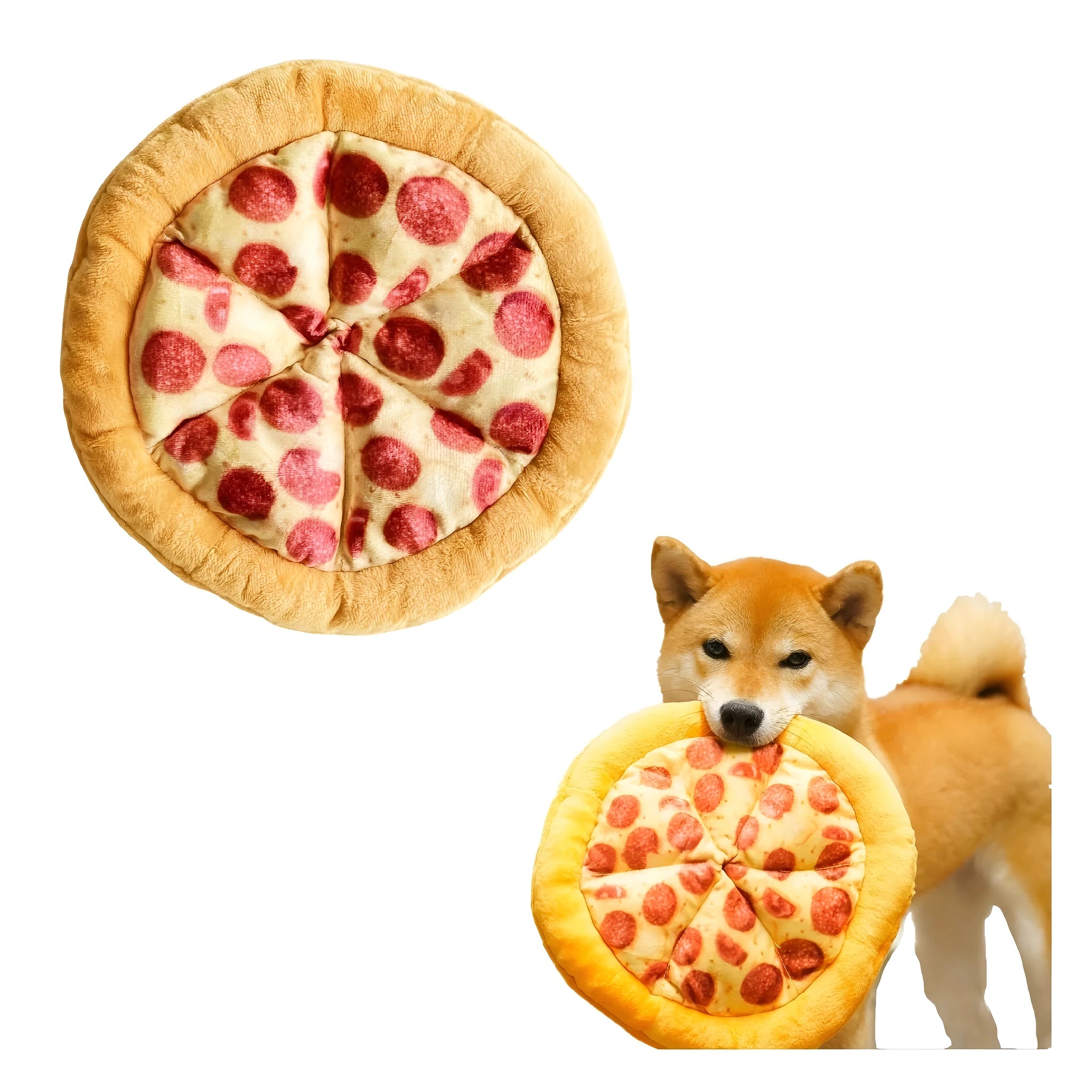 Yellow teddy bear dog toy holding pizza slice squeaky chew toy