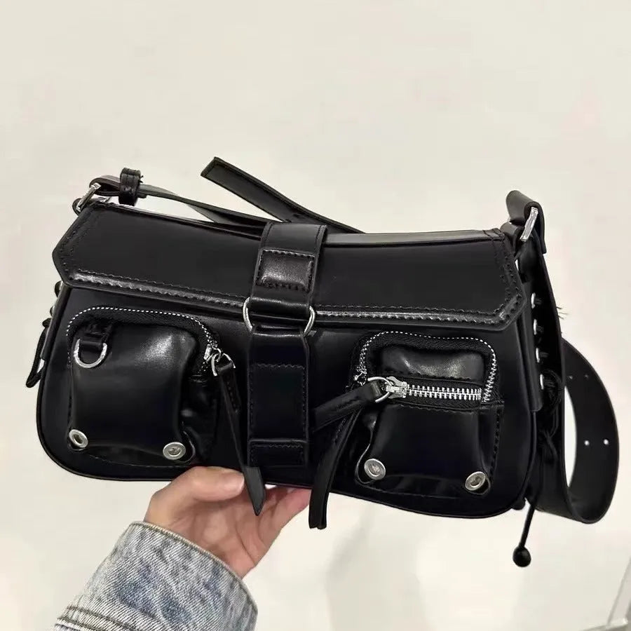 Black PU leather women's baguette messenger bag with adjustable crossbody strap