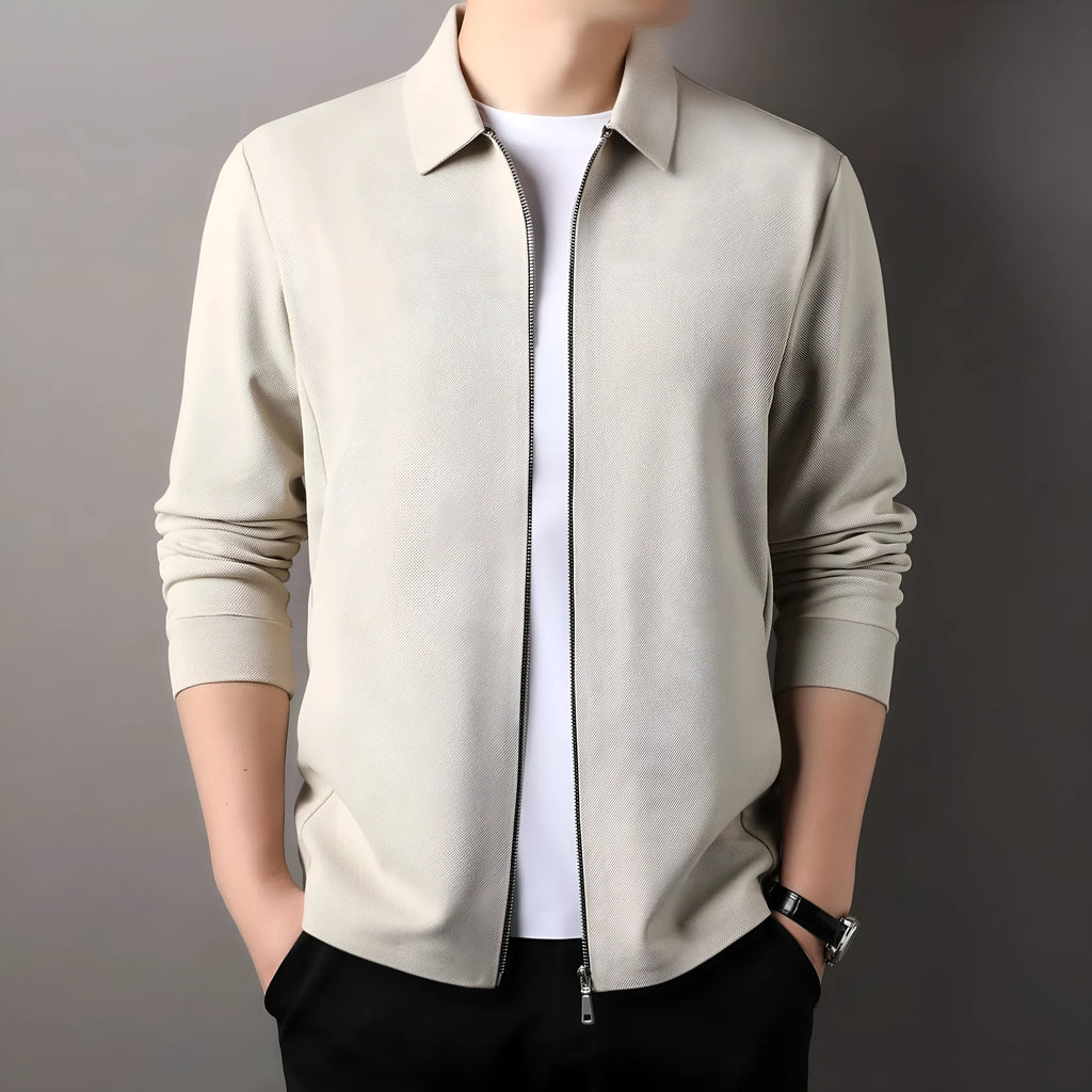 Men's polyester jacket in black, dark grey or apricot with long sleeves and straight hem.