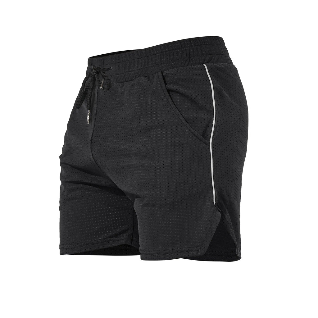 Men's straight fit polyester sports shorts in black, available in five sizes