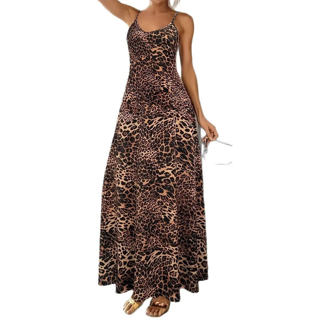 Dark brown leopard print sleeveless dress with round neck and shoulder straps in milk silk fabric