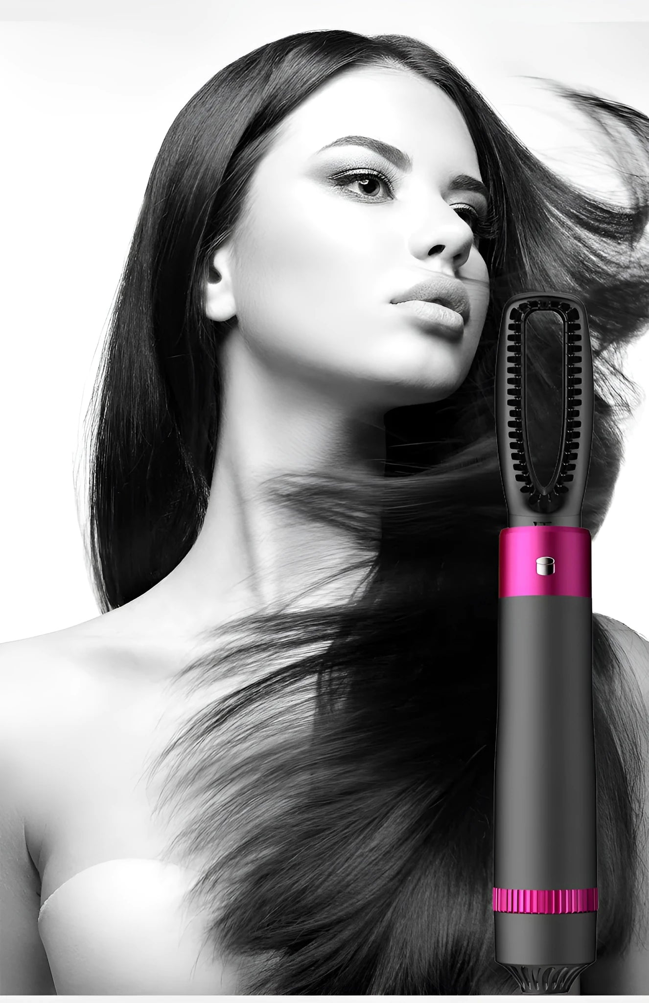 Dyson grey 5 in 1 hair dryer brush styling tool with multiple brush attachments on a white background.