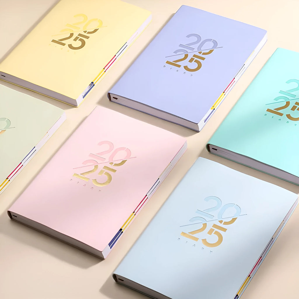 Soft faux leather A5 2025 daily plan schedule book open on Dot Grid paper.