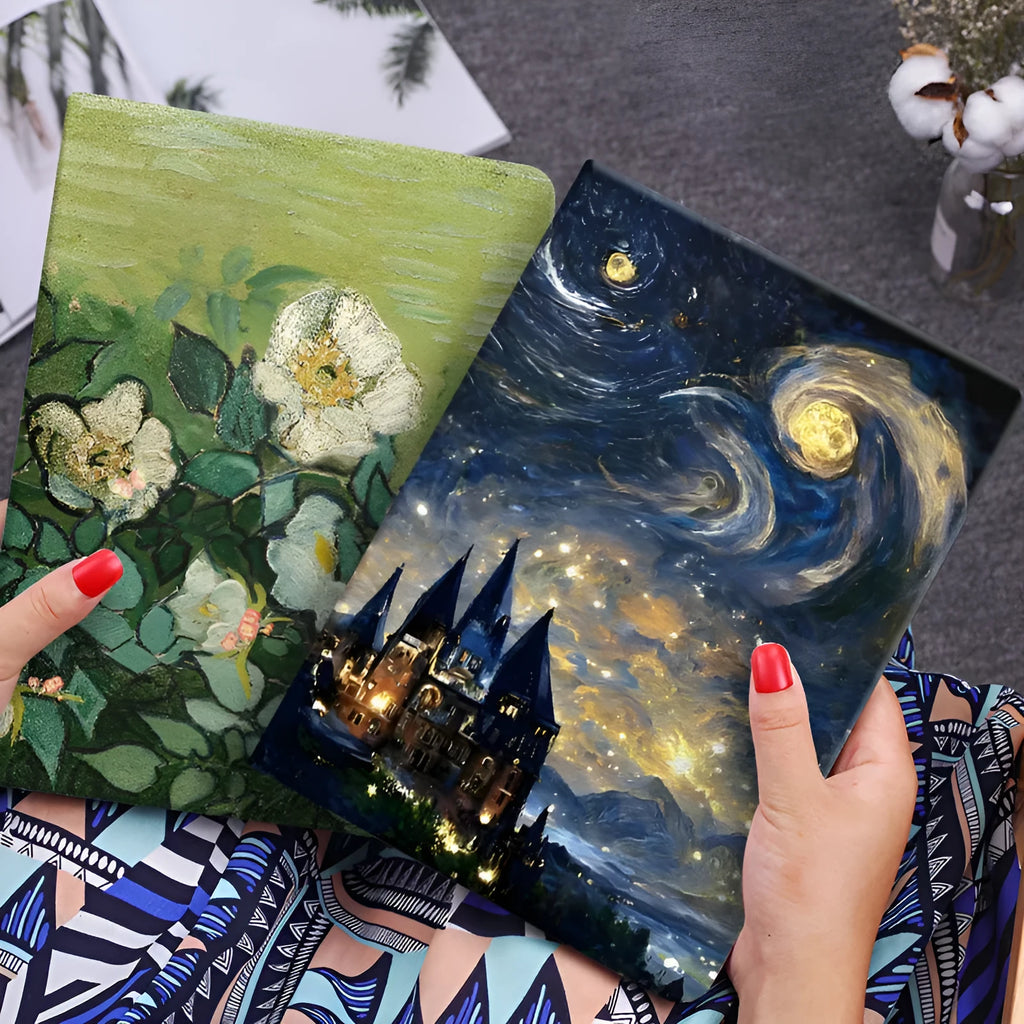Handmade liquid silicone iPad flip case with floral oil painting design in Apricot Flower colour.