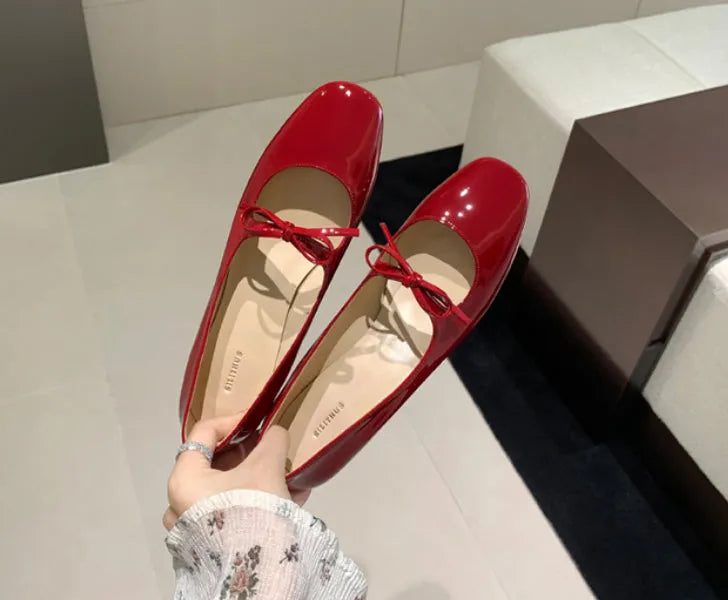 Women's bow shallow mouth Mary Jane shoes in solid nude pink colour with microfiber upper