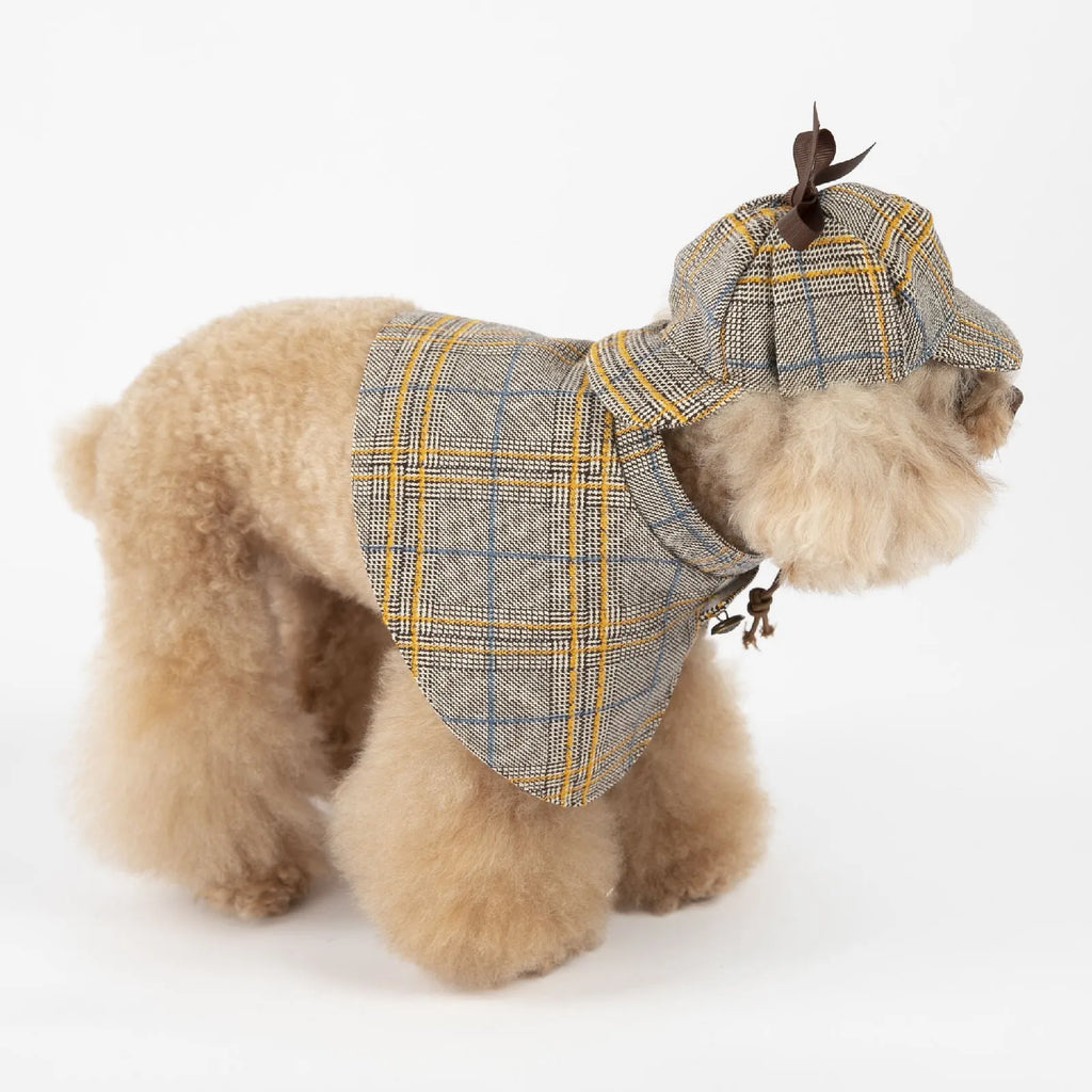 Camel coloured detective suit style cotton cloak for a dog or cat, showing the adjustable hat.