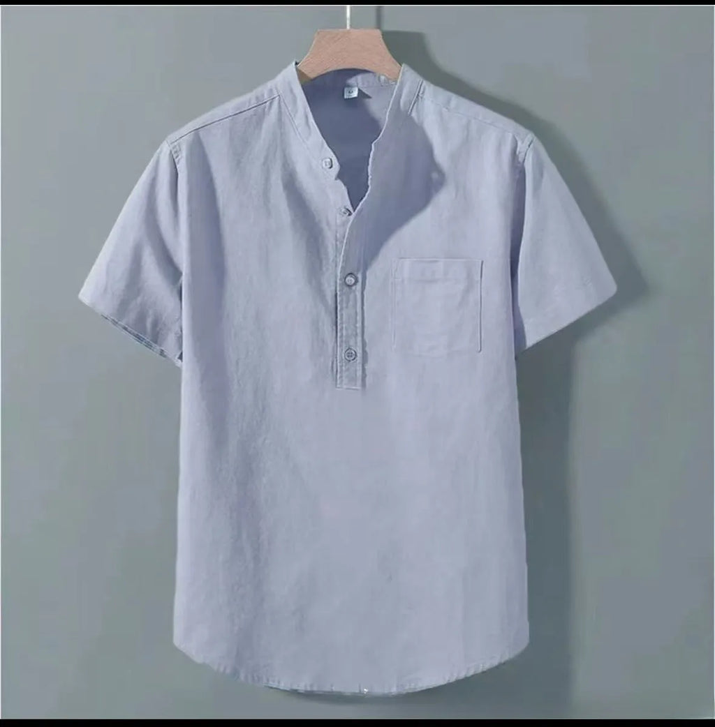 Men's beige slub linen casual shirt with stand collar and short sleeves on a hanger.