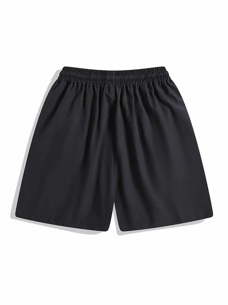 Black and grey quick-drying sports shorts with elastic waistband and loose straight-leg design