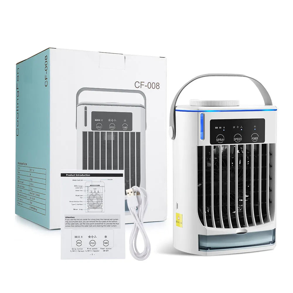 New mini air cooler with USB power, humidification spray fan, and three speed settings on a desk
