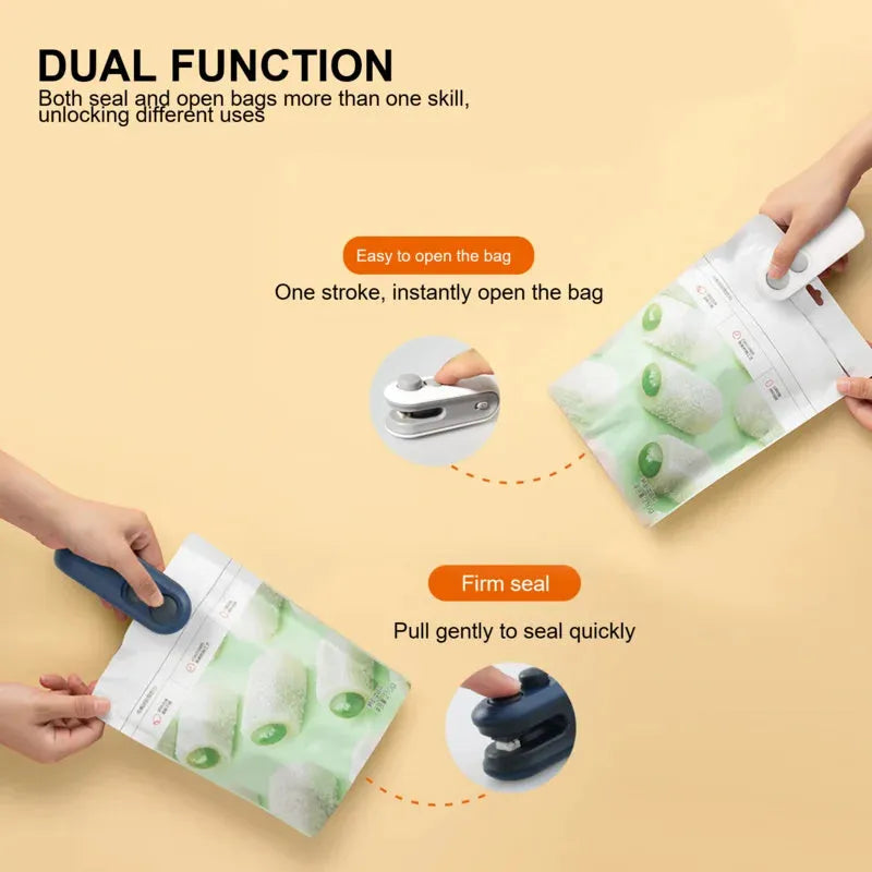 White and blue handheld USB rechargeable bag heat sealer with built-in cutter on a kitchen counter