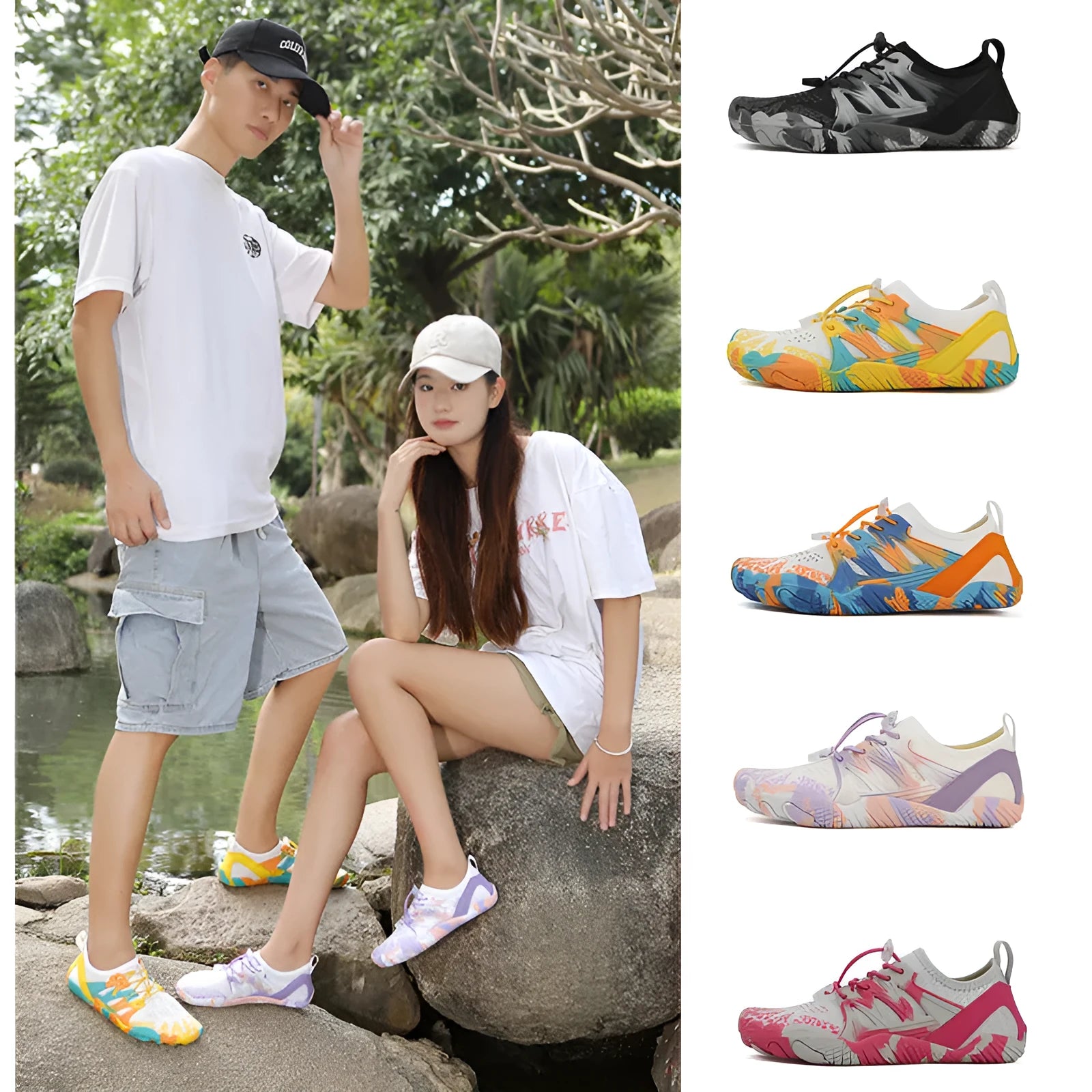 Men's and women's quick-drying mesh beach shoes with lace-up front and non-slip rubber sole.