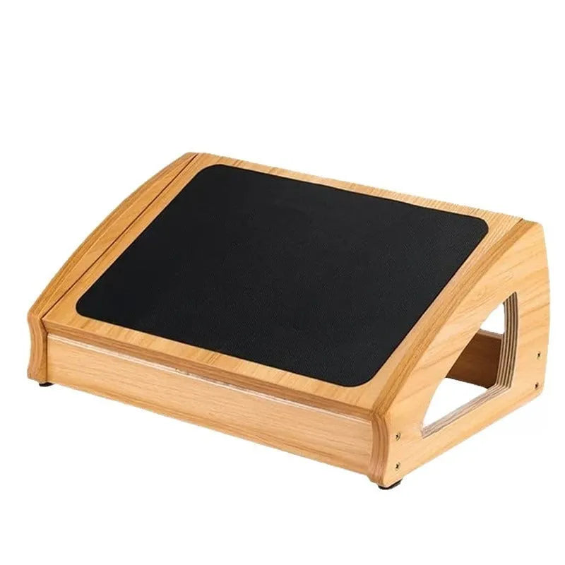 Natural wood colour bamboo adjustable office desk footstool for adult ergonomics.