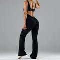 Black women's tight seamless yoga bodysuit with built-in chest pads and mid-waist design.