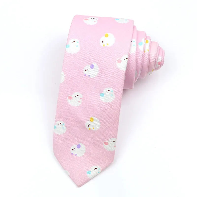 Narrow Korean-style cotton bow tie with a printed cartoon pattern.