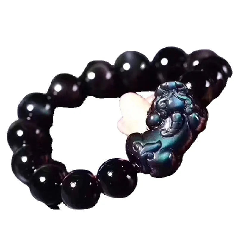 Natural ice colour eye obsidian crystal bracelet with banded patterns, shown in various bead sizes.