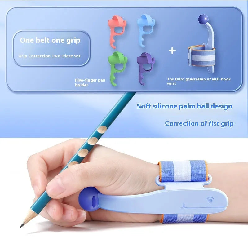 Blue Anti-hook Holder Pen Control Corrector wrist brace on a hand holding a pencil.