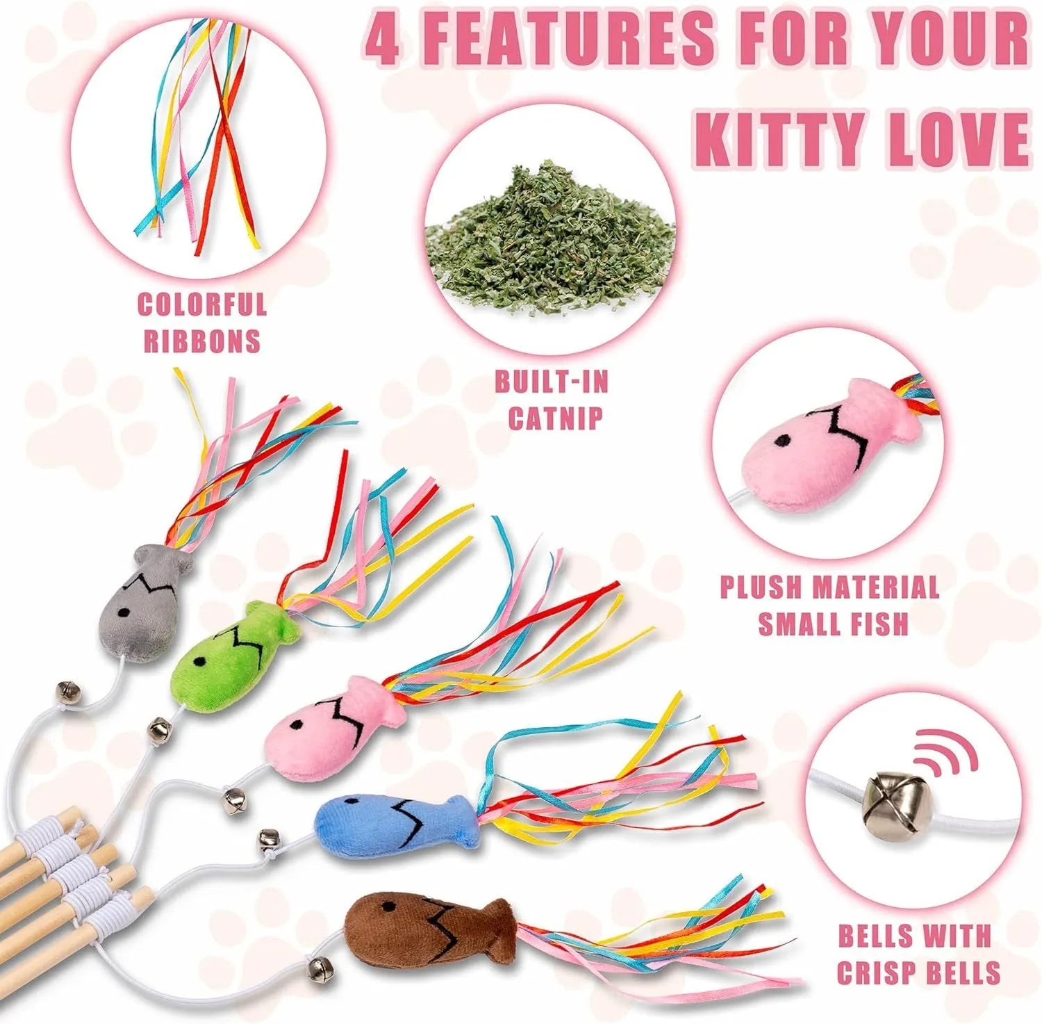 Blue cat wand toy with colourful ribbons, a catnip fish, and a bell on a wooden handle.