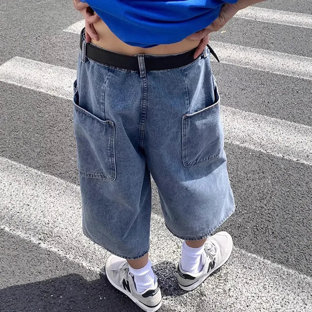 Blue washed denim pirate shorts for men with high waist and cropped straight leg