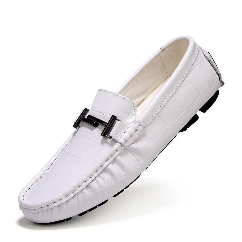 Men's casual leather shoes with buckle detail in black, blue, bronze and white colour options