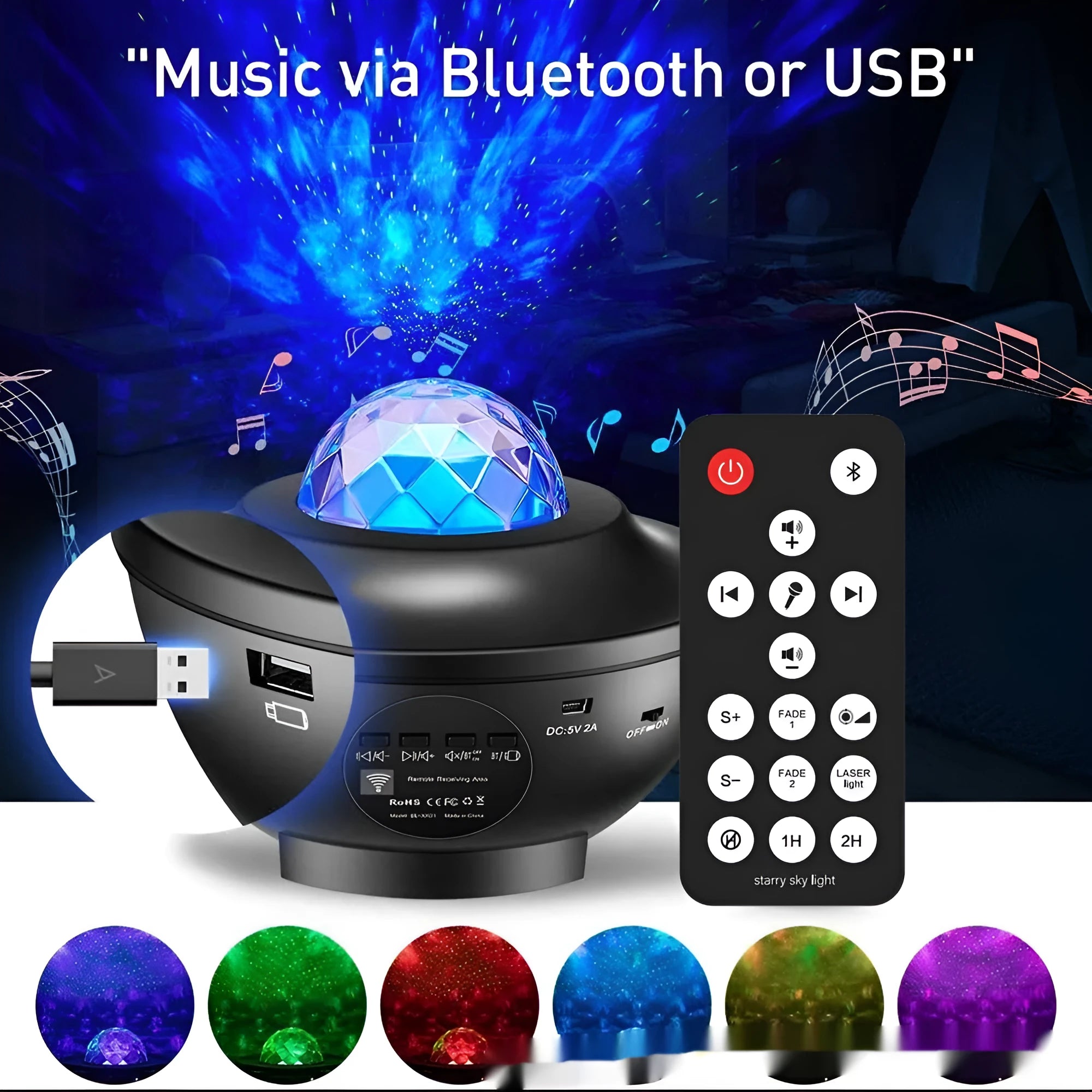 Black parallel-style starry sky projection lamp with water ripple laser effects on desktop