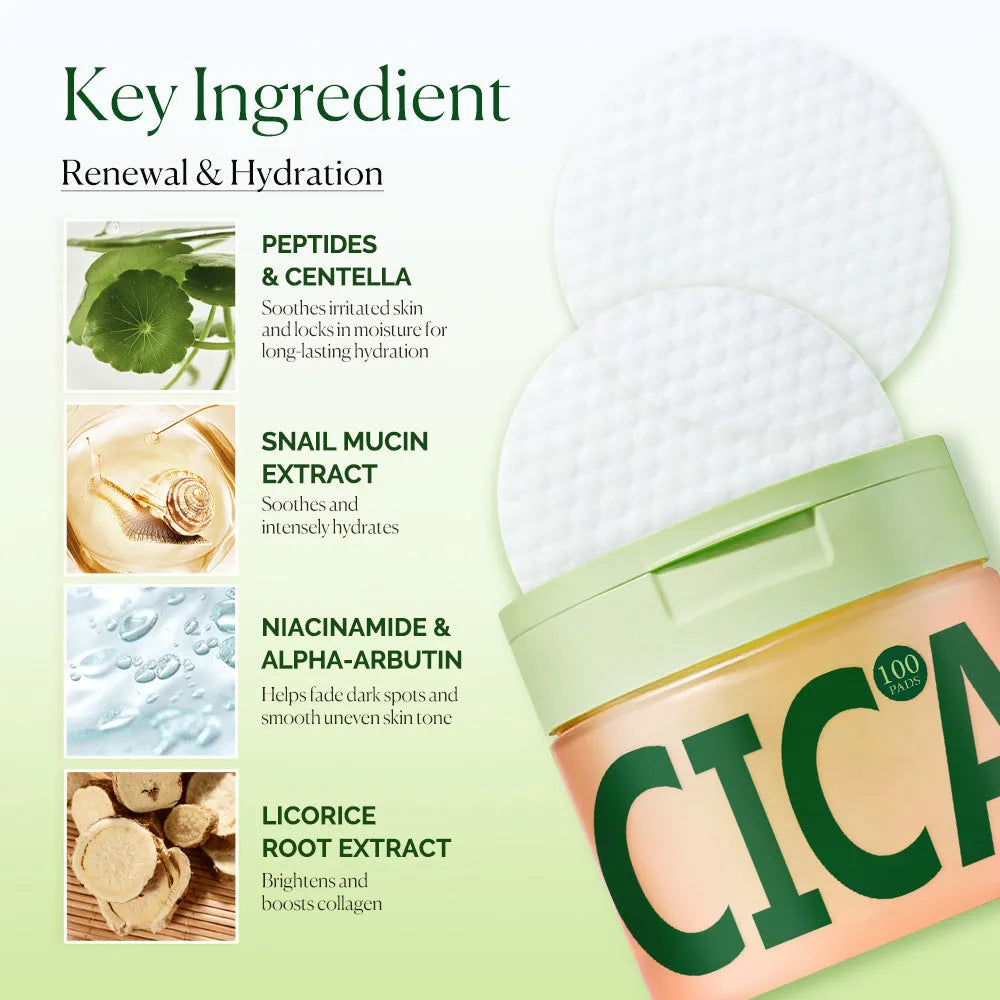 Pack of 100 centella asiatica cleansing and skincare toner pads for dark spots